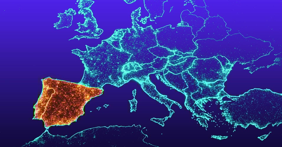 Grid reliability failure and fault detection in Spain during April, 2025. Map of impacted region in red, on blue and teal background.