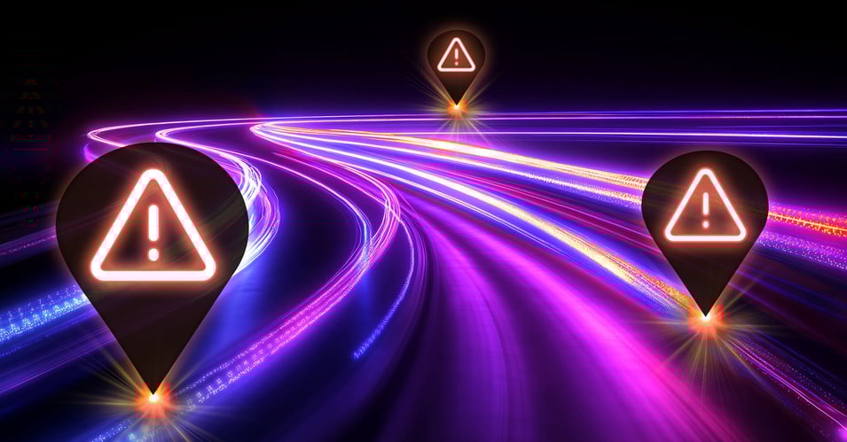 Real-time fraud detection pipeline pictured as a stream in pink, blue, and orange colors. Alerts are pictured to show suspicious transactions.