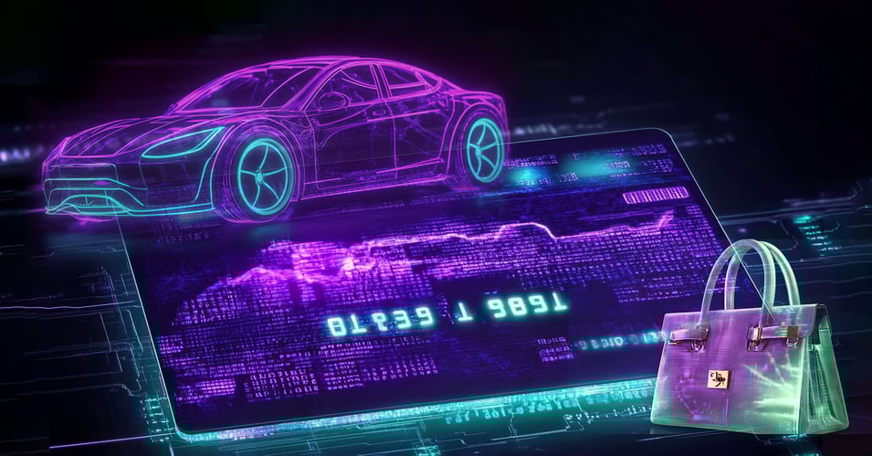Car, credit card, and designer purse pictured in blue, pink and teal neon outlines. Represent potential financial crime and suspicious transactions as large purchases made in short timeframe.
