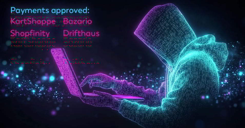 Outline of a person in a hoodie clicking on a computer with several online stores listed. Appears to be potential financial crime or account takeover in action.