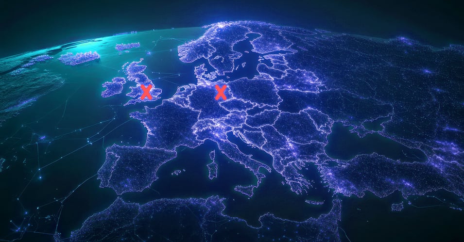 Map of the world with red x drawn on London and Berlin areas. Shows financial crime or payment fraud as geolocations that cannot support purchases in time frame.