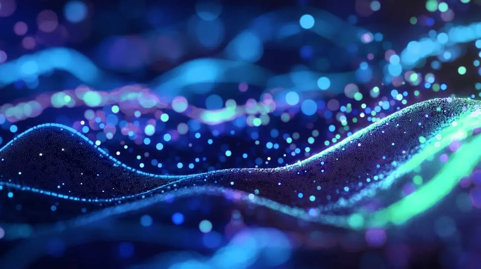 Flow of data points representing a streaming ETL data feed. Streaming ETLLT Data Feeds AI a continuous stream of fresh data.