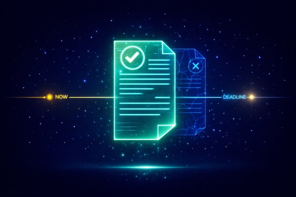 Two contrasting audit documents — one passing, one failing — separated by a timeline showing the urgency of acting now