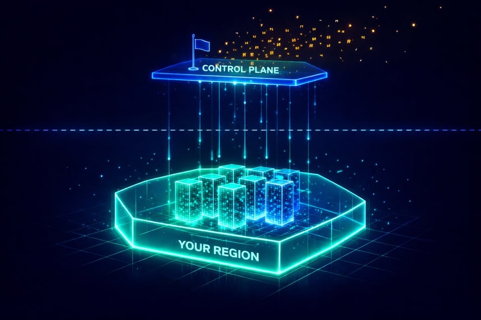 Abstract diagram showing data contained within a jurisdictional boundary while metadata leaks through an external control plane