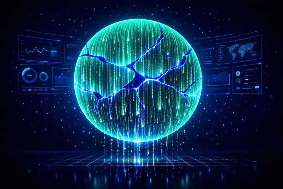 Abstract visualization of a glowing data sphere with hidden fractures representing the illusion of data control