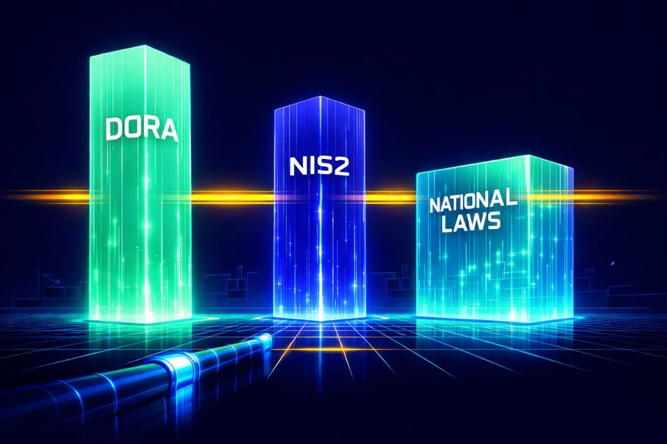 Abstract visualization of three regulatory monoliths — DORA, NIS2, and national laws — forming a unified compliance barrier