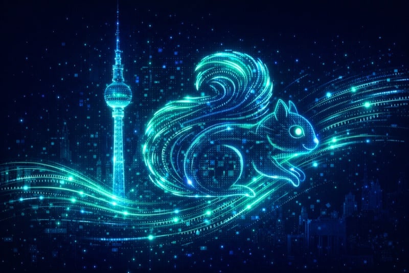 Apache Flink squirrel mascot made of glowing data emerging from Berlin TV Tower silhouette representing European origins