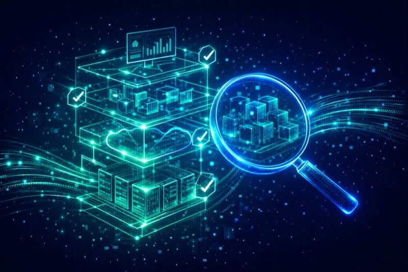 Abstract visualization of auditable technology stack with transparent layers and visible data lineage for compliance verification