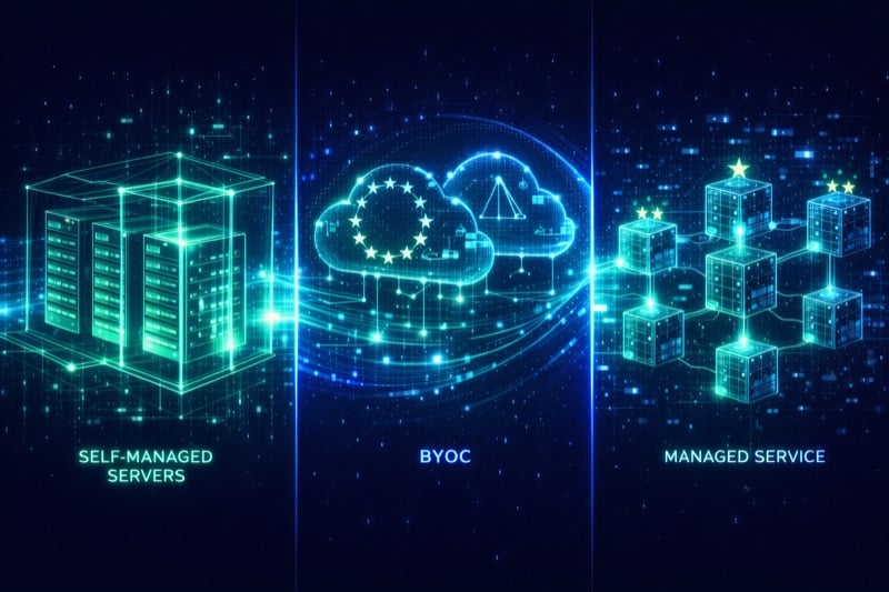 Diagram showing three deployment options for data sovereignty - self-managed, BYOC, and managed service with EU data centers
