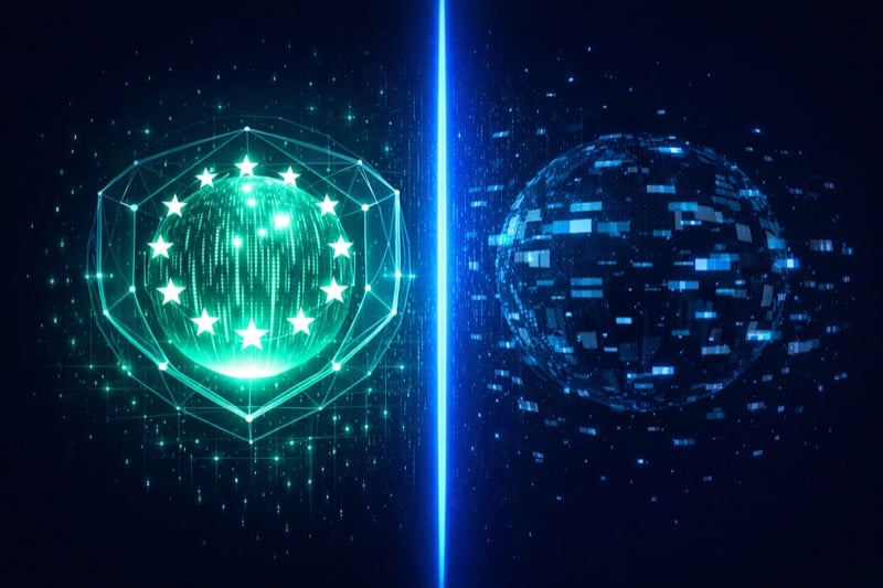Abstract illustration of data jurisdiction boundaries showing protected EU data sphere separated from external access