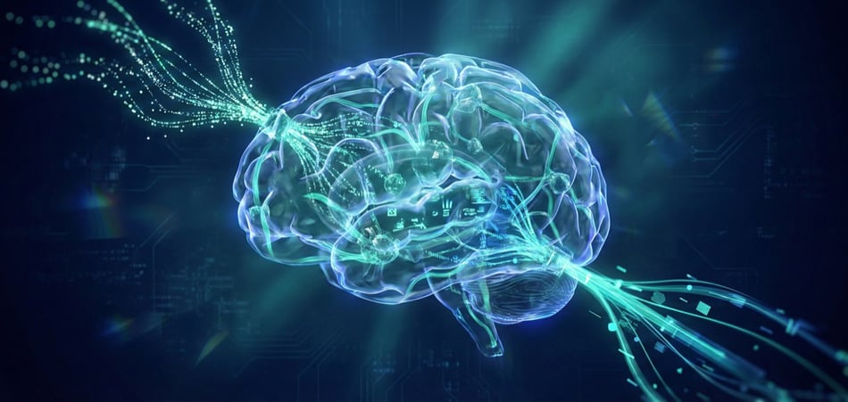 Abstract visualization of sovereign AI processing with data lineage from input to output