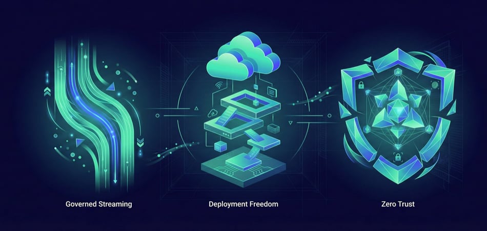 Diagram showing three pillars of FSI sovereignty: Governed Streaming, Deployment Freedom, and Zero Trust