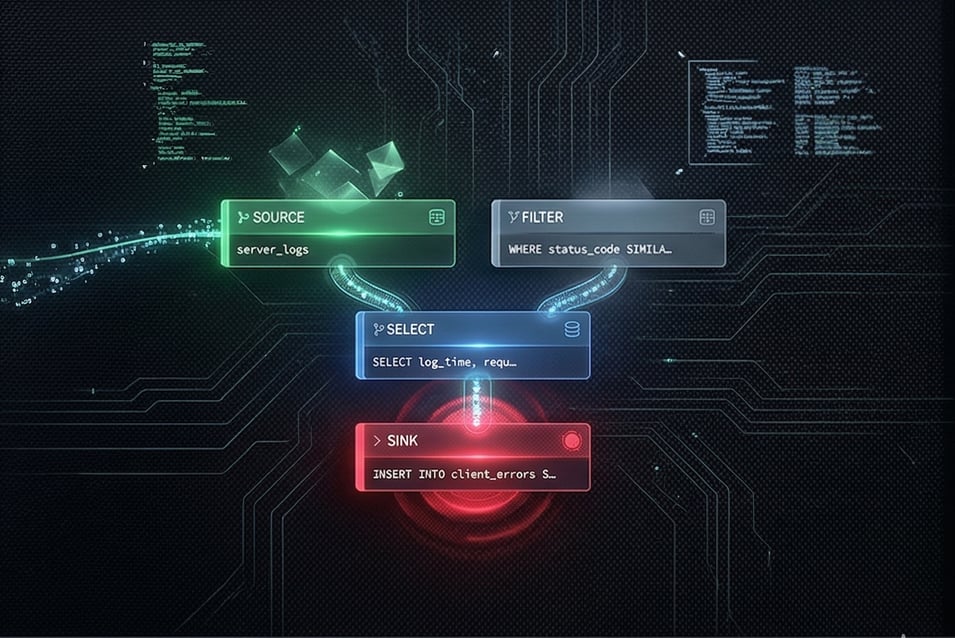 A visual representation of a Flink SQL pipeline showing four connected nodes on a dark circuit-board background: a green SOURCE node reading from server_logs, a gray FILTER node applying a WHERE clause on status_code, a blue SELECT node projecting log_time and request fields, and a red SINK node inserting into client_errors — connected by glowing data flow lines.