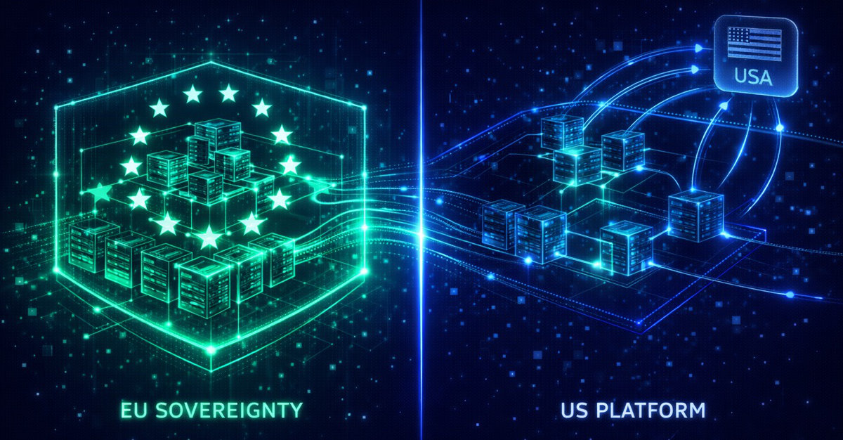 Architecture diagram comparing EU-sovereign data flows contained       within boundaries versus US platform data flows crossing jurisdictional borders 